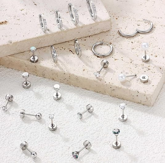 Surgical Stainless Steel Flat Back Stud Earrings Set Silver Small Huggie Hoop