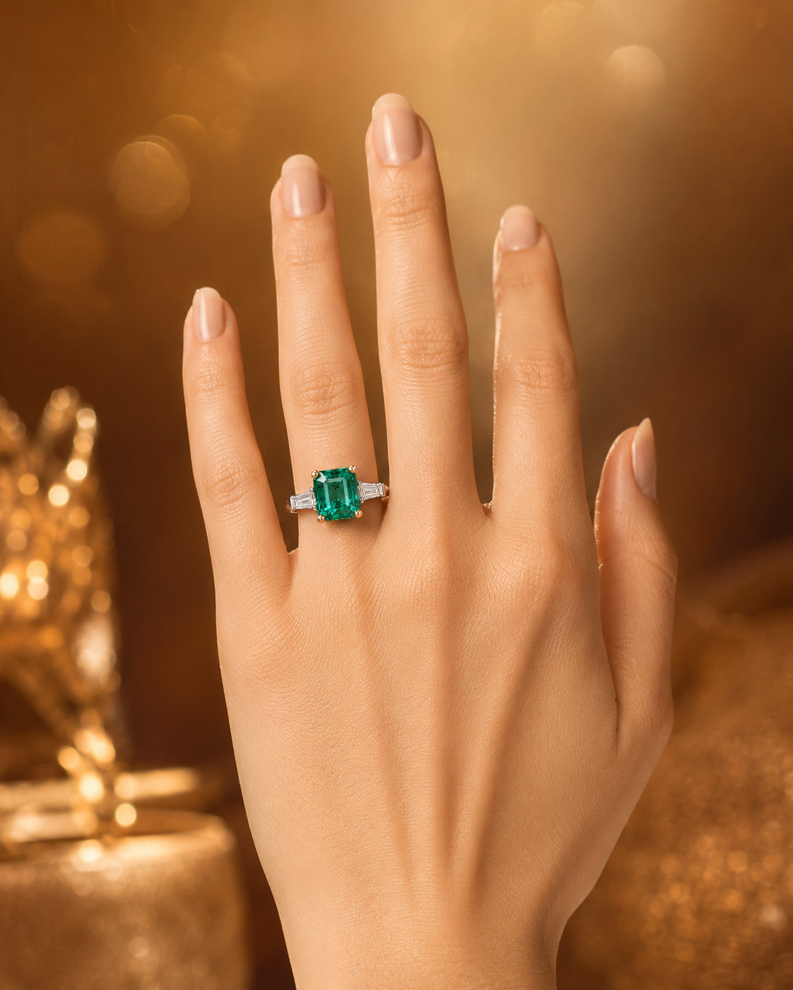 Lab Created Green Emerald Ring, Base Metal: Brass Finish: Gold Plated