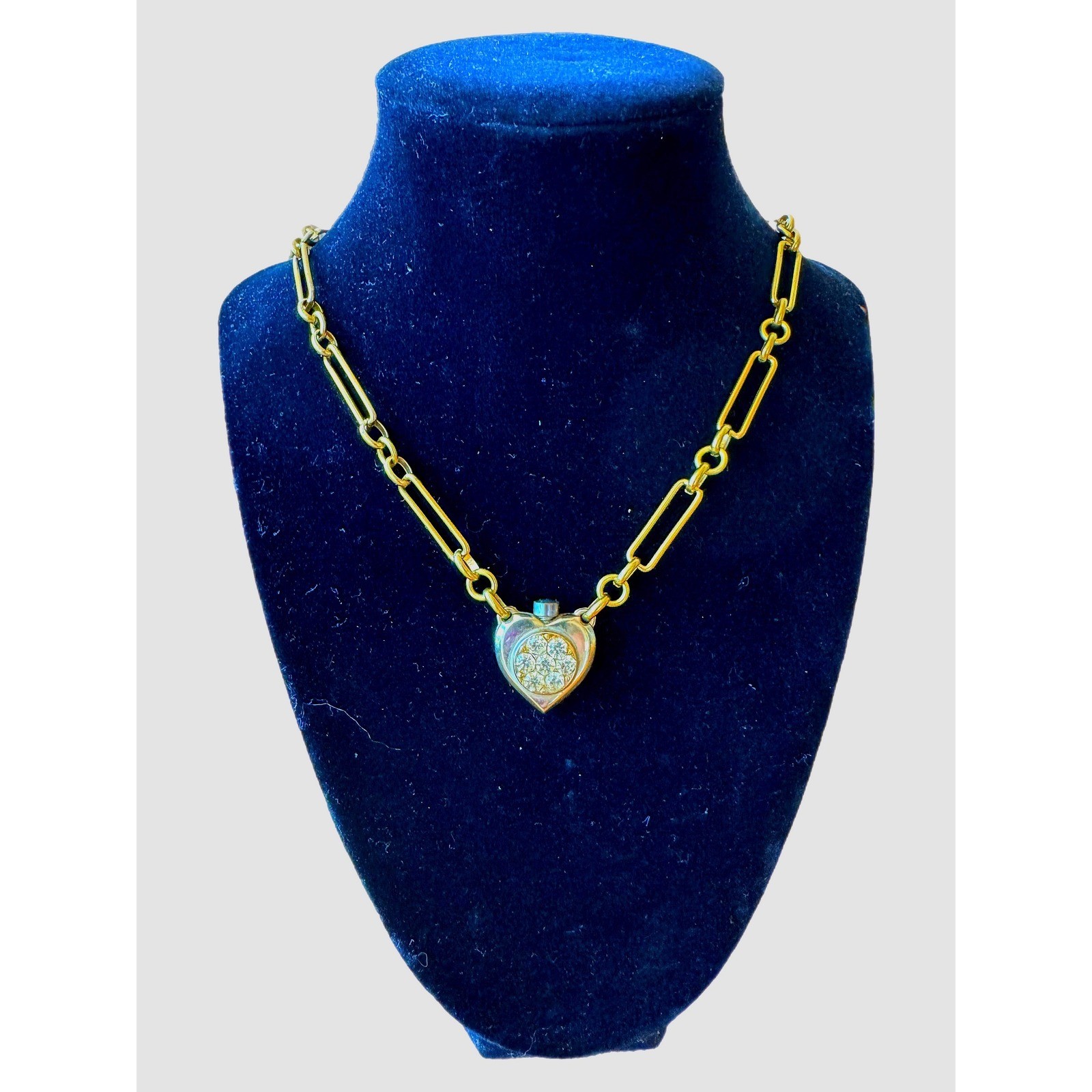 Title: Antique Heart Perfume Bottle Necklace Brass Paperclip Chain Rhinestone