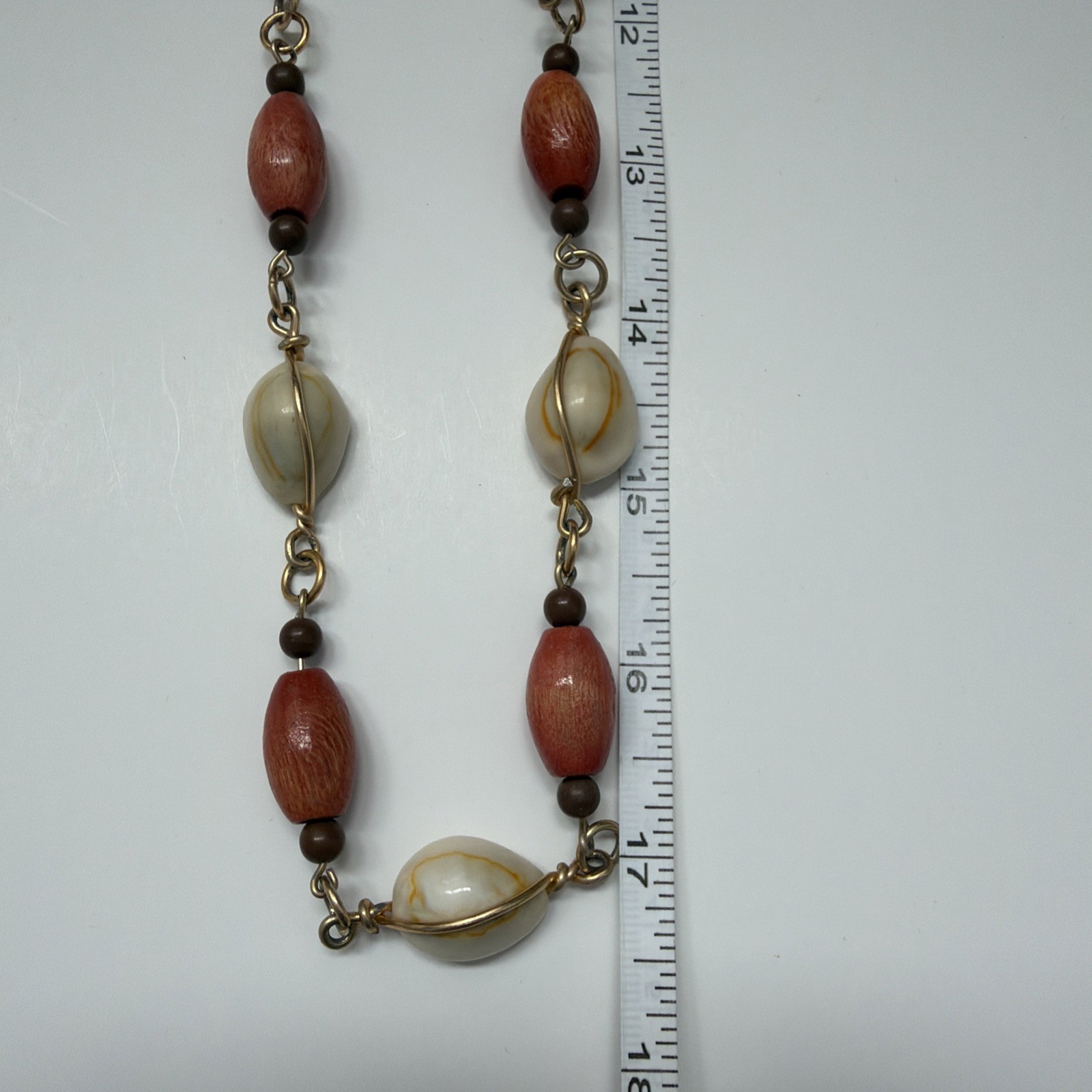 Vintage Cowrie Shell Wood Bead Long Necklace Coastal Beach Boho Resort Jewelry
