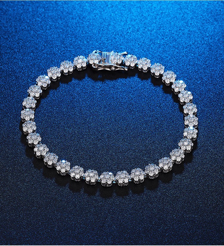 Elegant Moissanite Flower Tennis Chain Bracelet Women 925 Silver Passes Tester