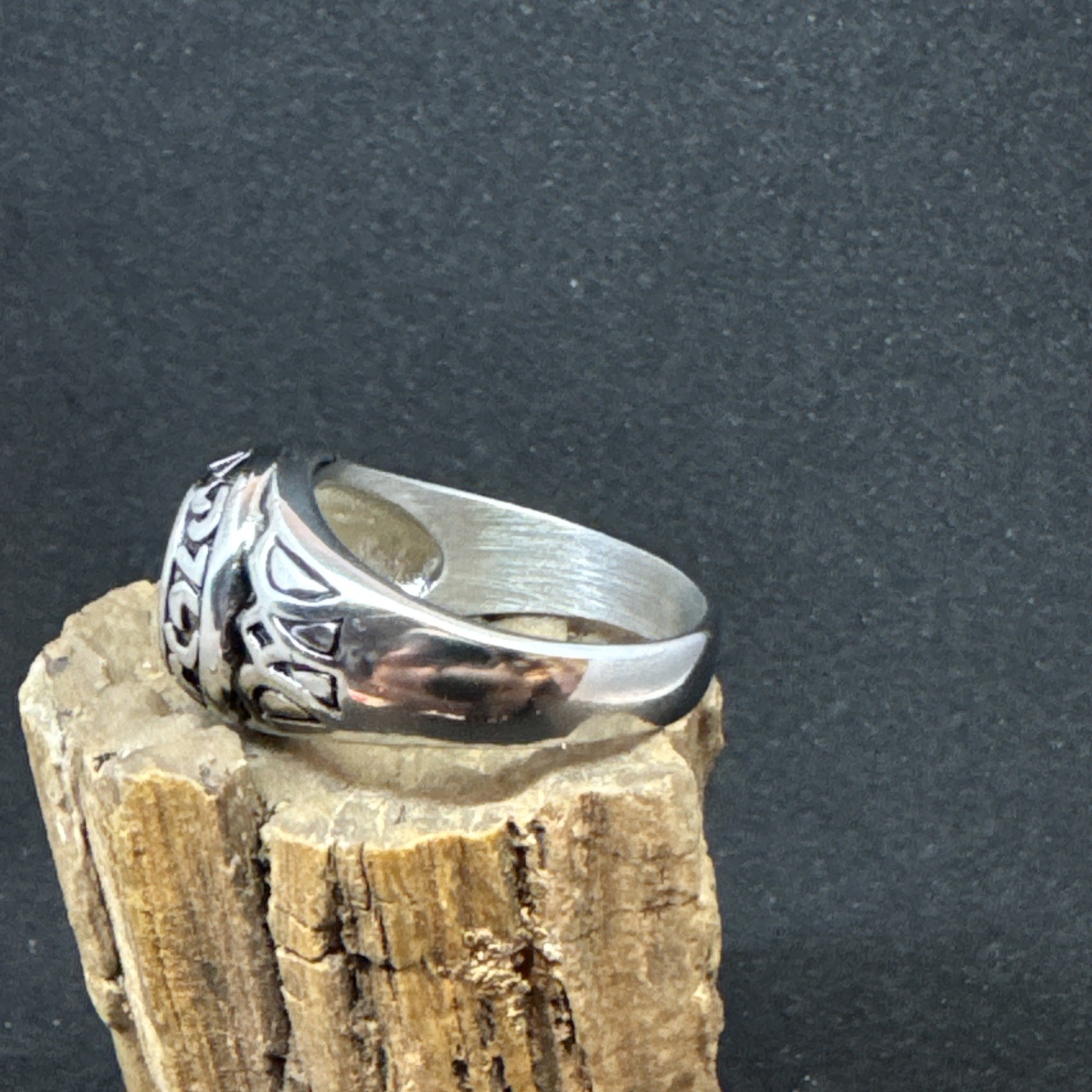 Cross Ring Stainless Steel High Polish Oxidized 12mm Face Width 5mm Band