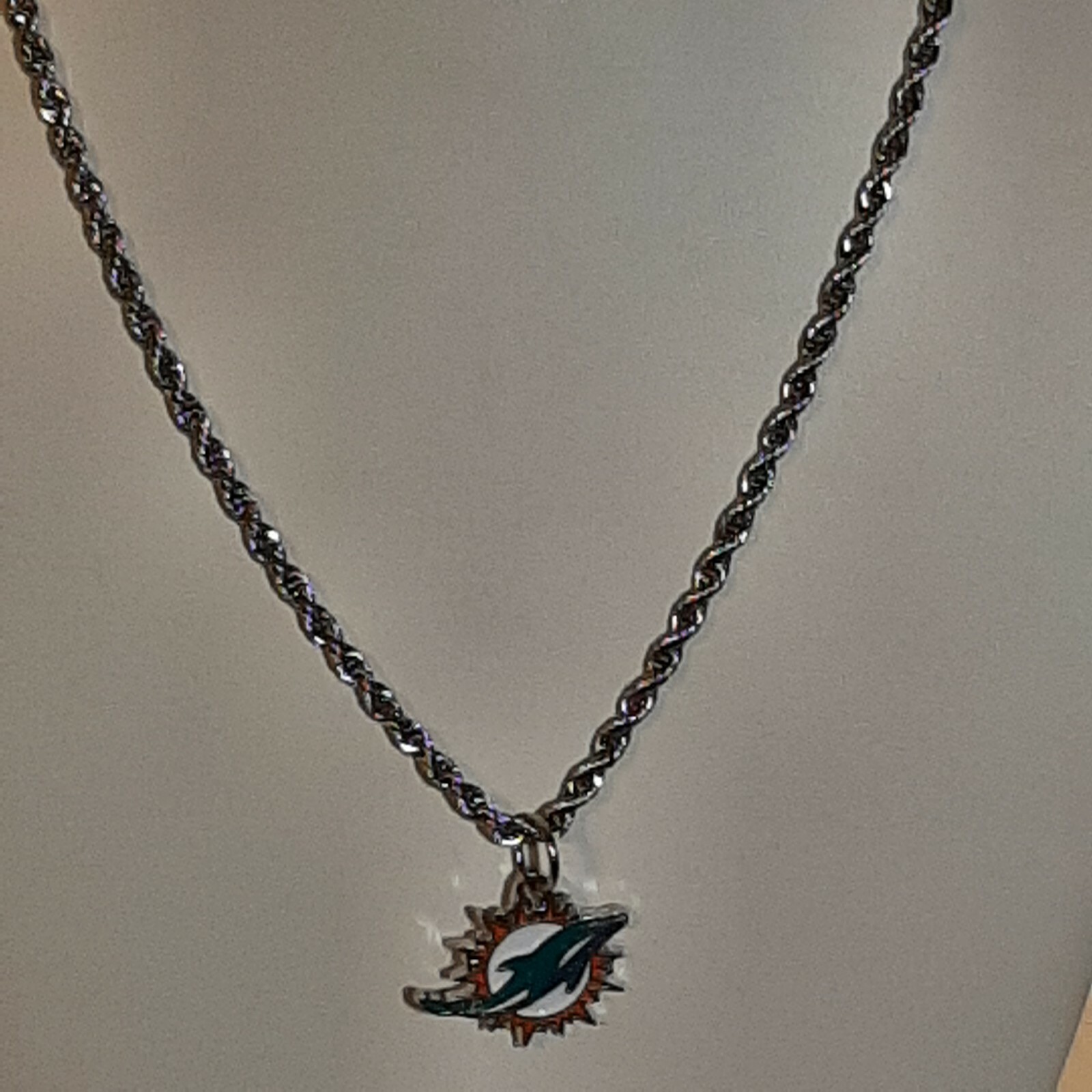 MIAMI DOLPHINS Chrome Pendant Charm / STAINLESS ROPE CHAIN NECKLACE