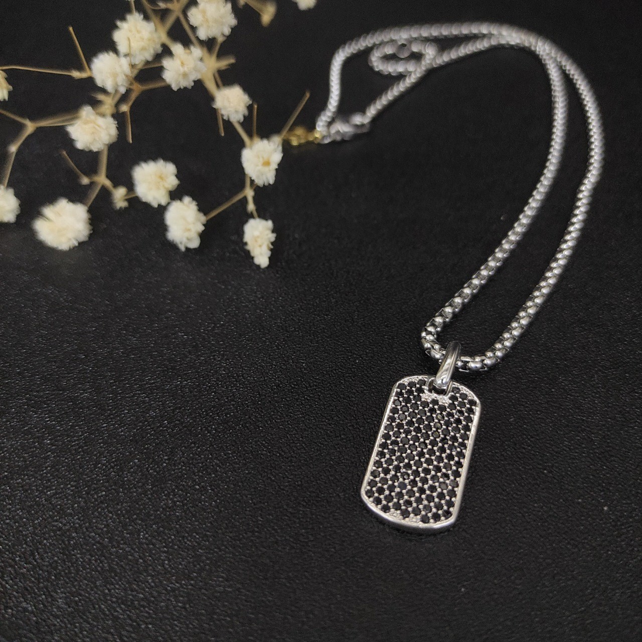 David Yurman Black Diamond Dog Tag Pendant 925 Silver Box Chain Necklace 19.6IN