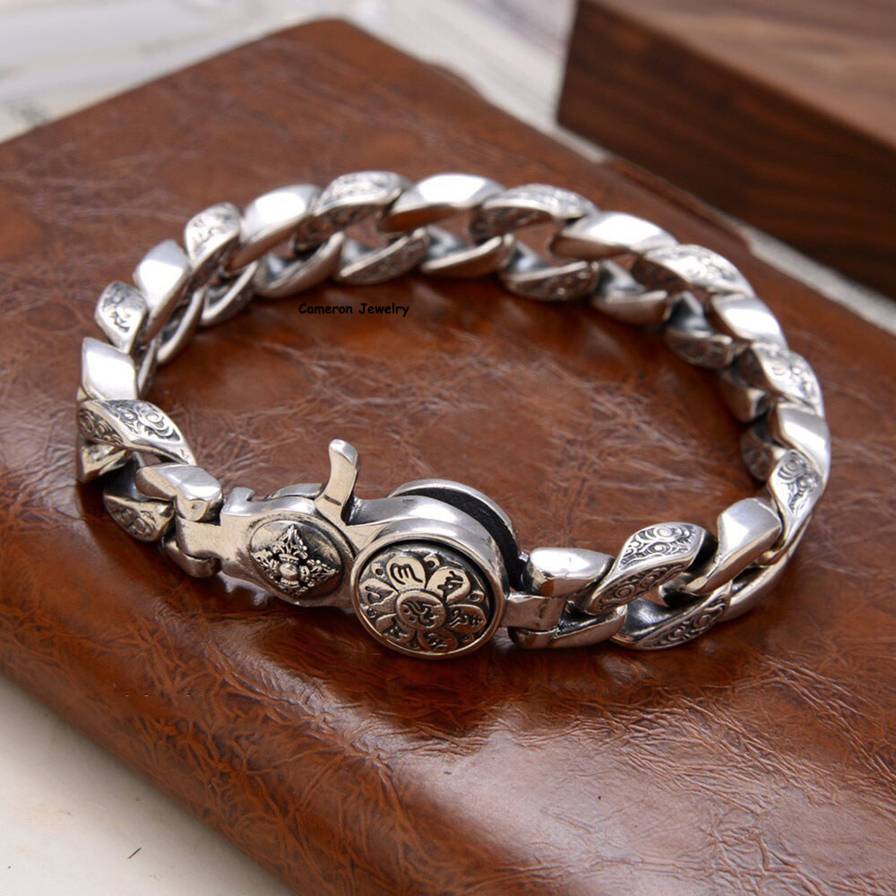 Pure S925 Sterling Silver Bracelet 11mm Vajra Six Words Curb Link Chain 7-8.7in