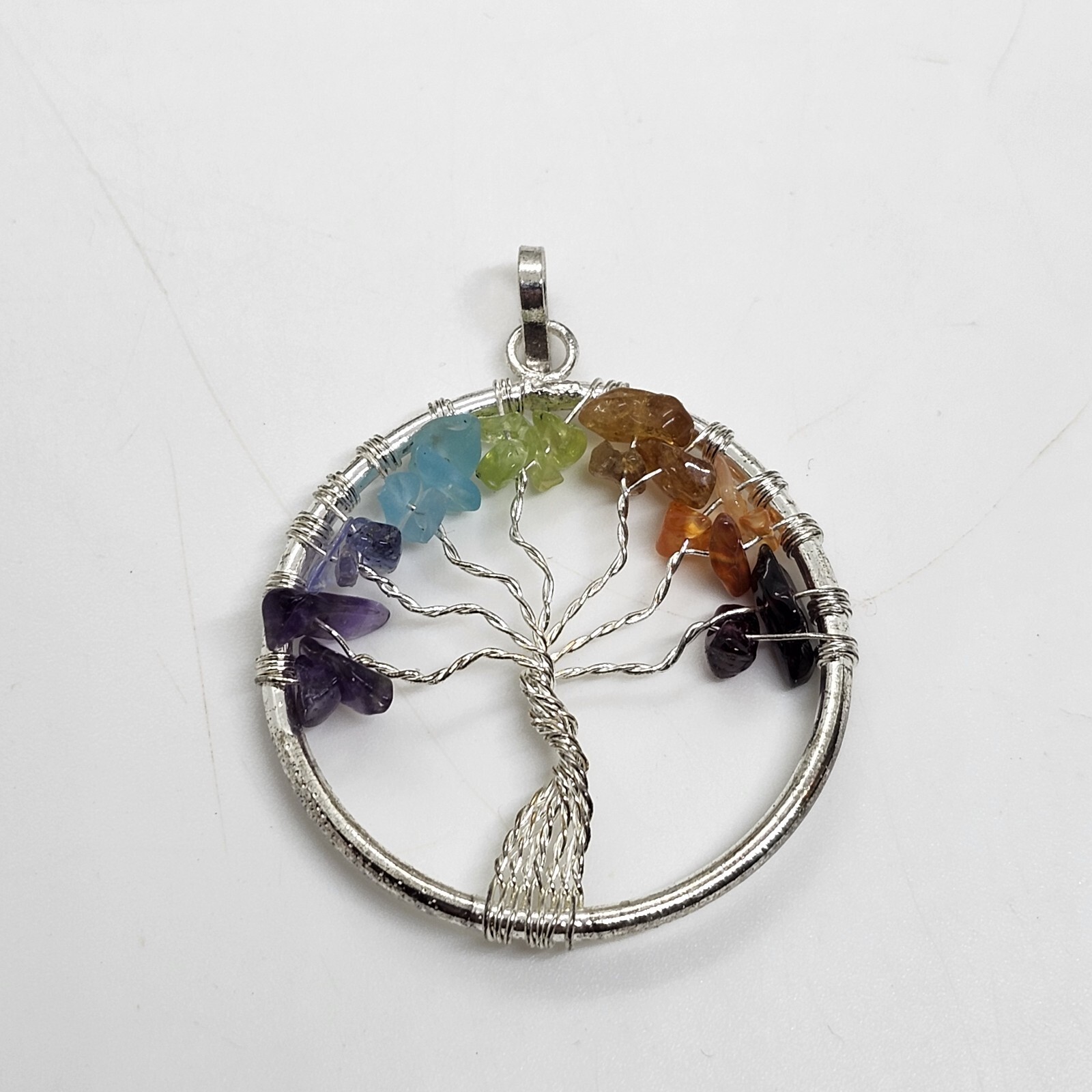 Tree Of Life Pendant Semiprecious Gem Stones Silver Tone Chakra Wire Wrapped