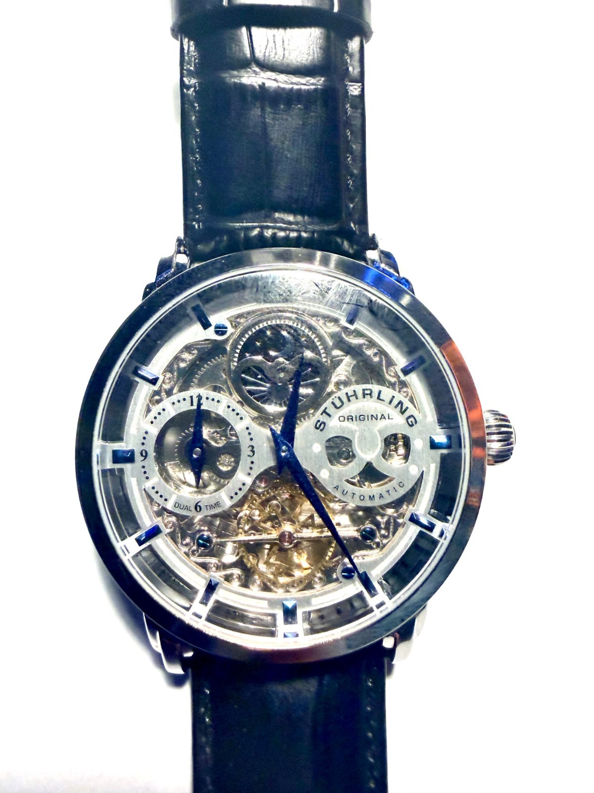 Stuhrling Original 42mm Silver Stainless Steel Case with Black Leather Band…