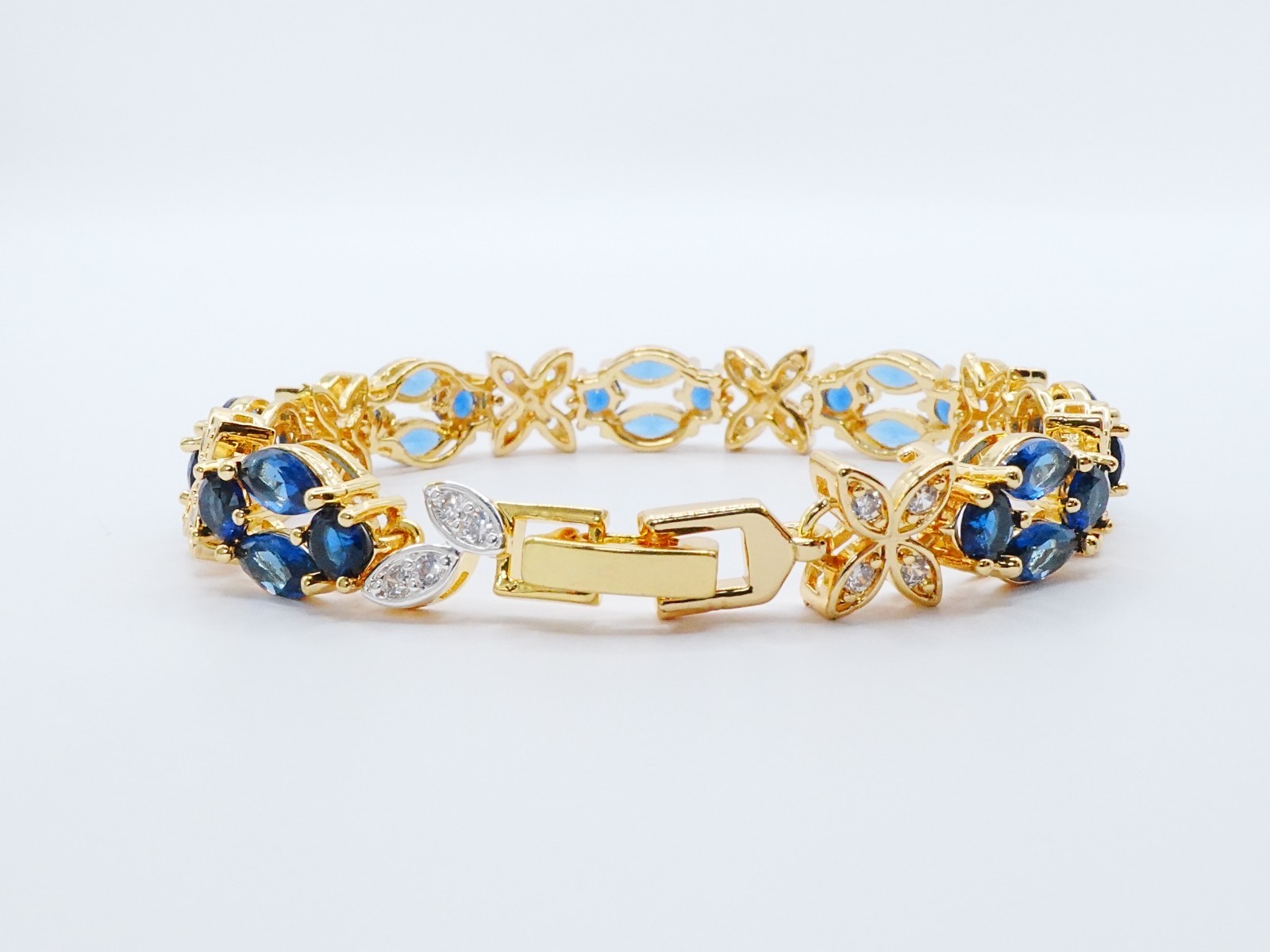 Bracelet Blue Gemstone & Cz Diamond 24K Yellow Gold Plated 7″ Women Jewelry