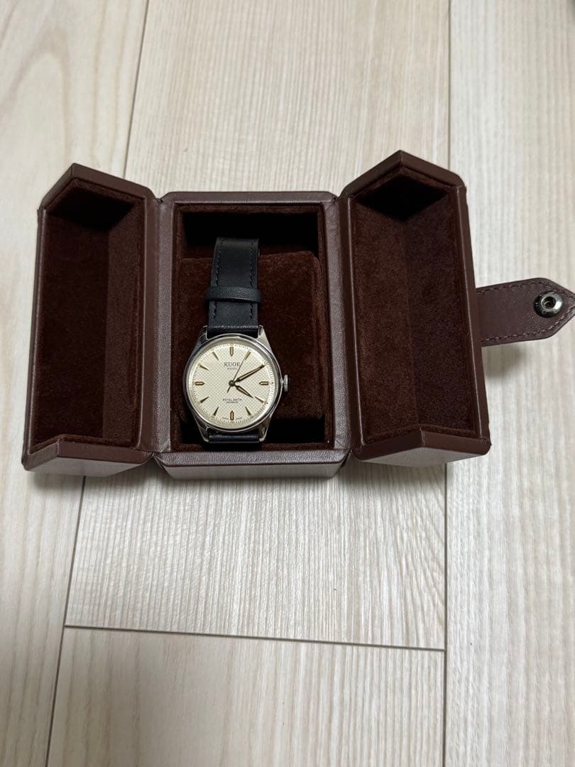 KUOE Kyoto Royal Smith 90-006 Ivory Waffle Dial Watch Black Leather Band Tested