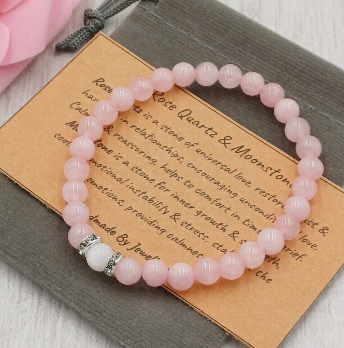 ROSE QUARTZ & MOONSTONE Bracelet Handmade Crystal Healing Gemstone Bead 6/8mm