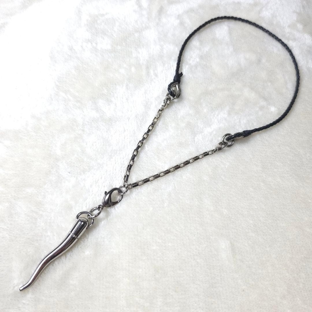 Dolce & Gabbana Corno Horn Necklace Black Leather Cord Silver-tone 22.4″long