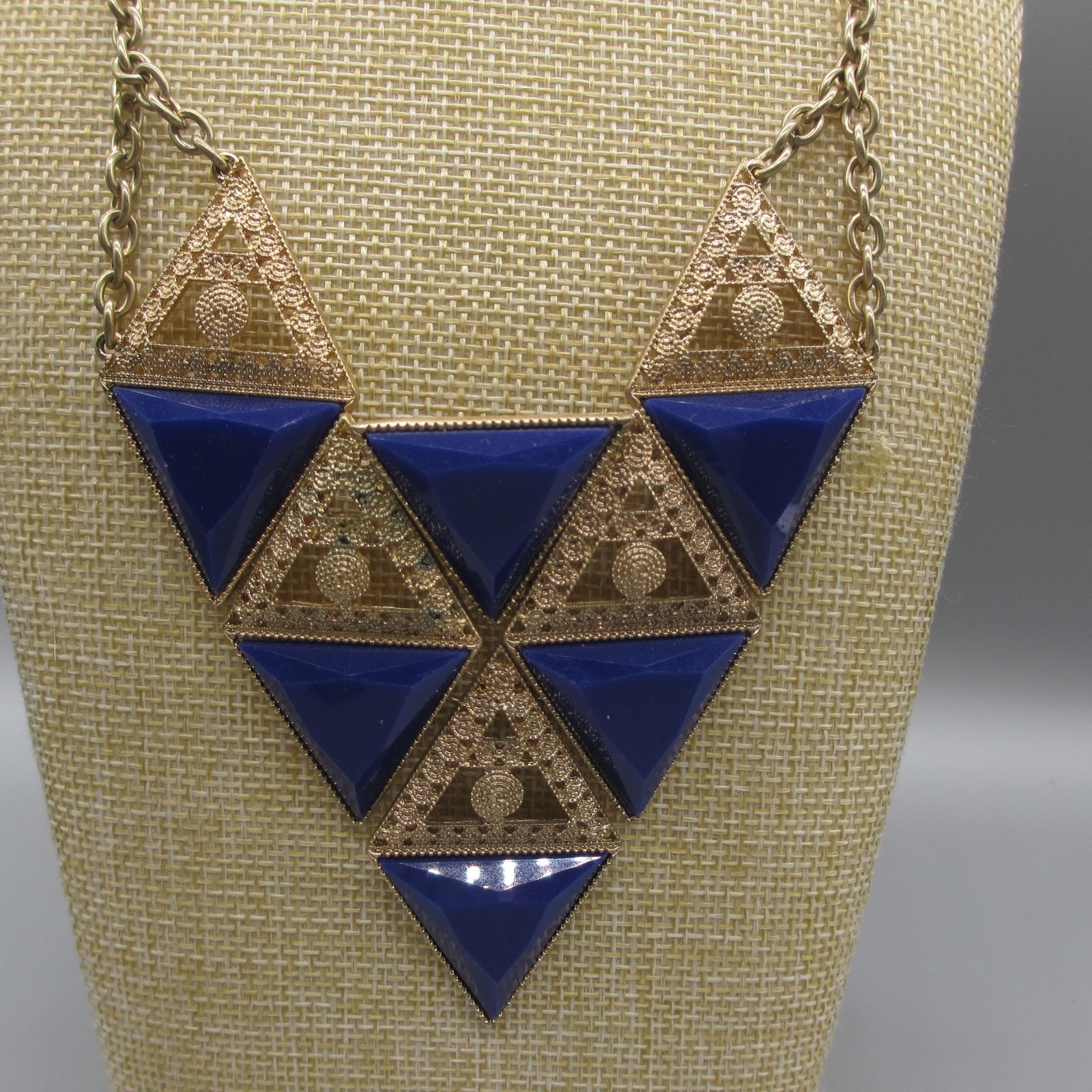 Statement Necklace Triangles Blue Gold Tone Filigree 22 Inch
