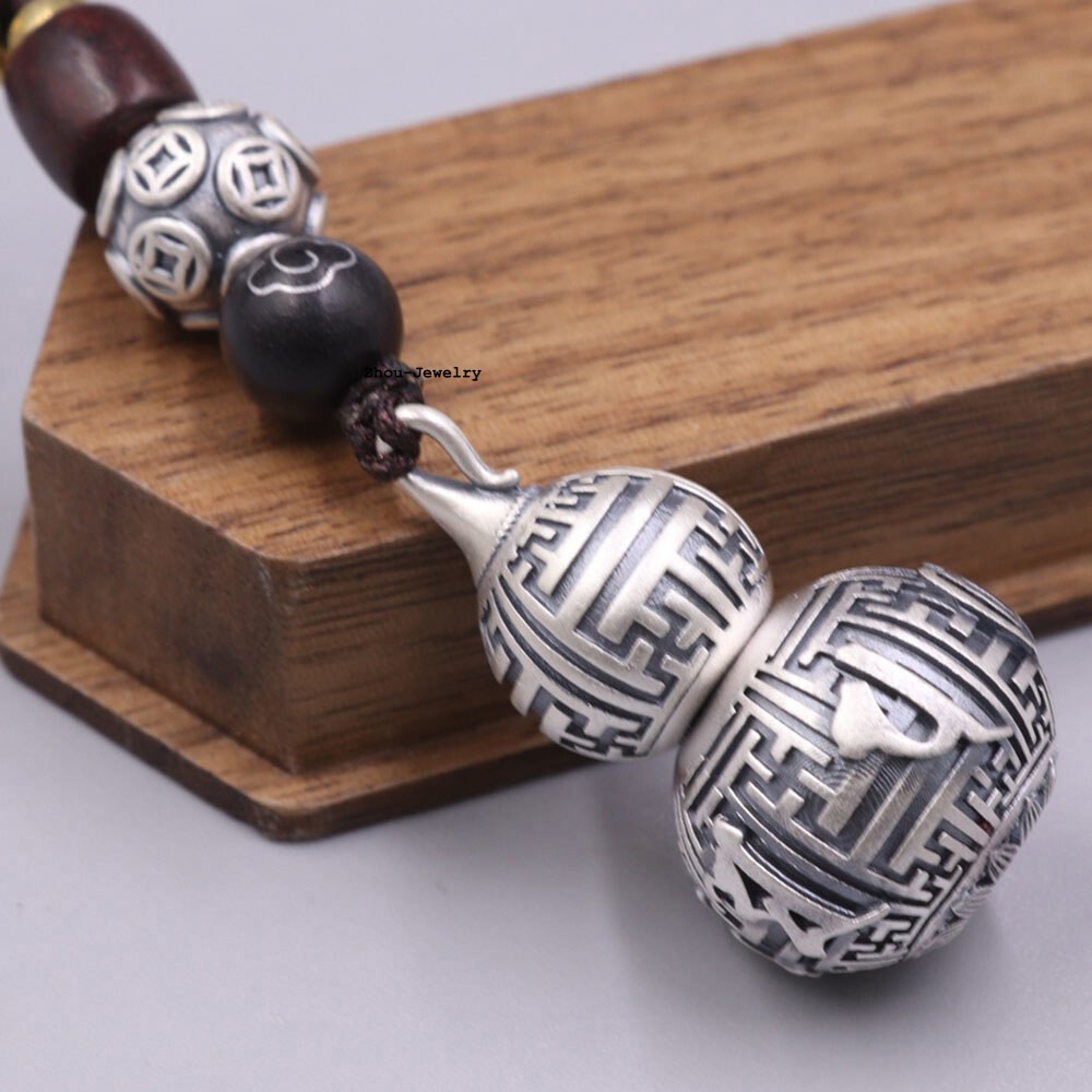 Real 999 Fine Silver Pendant Buddhist Sutra Gourd Shaped Amulet Netsuke 15-17G