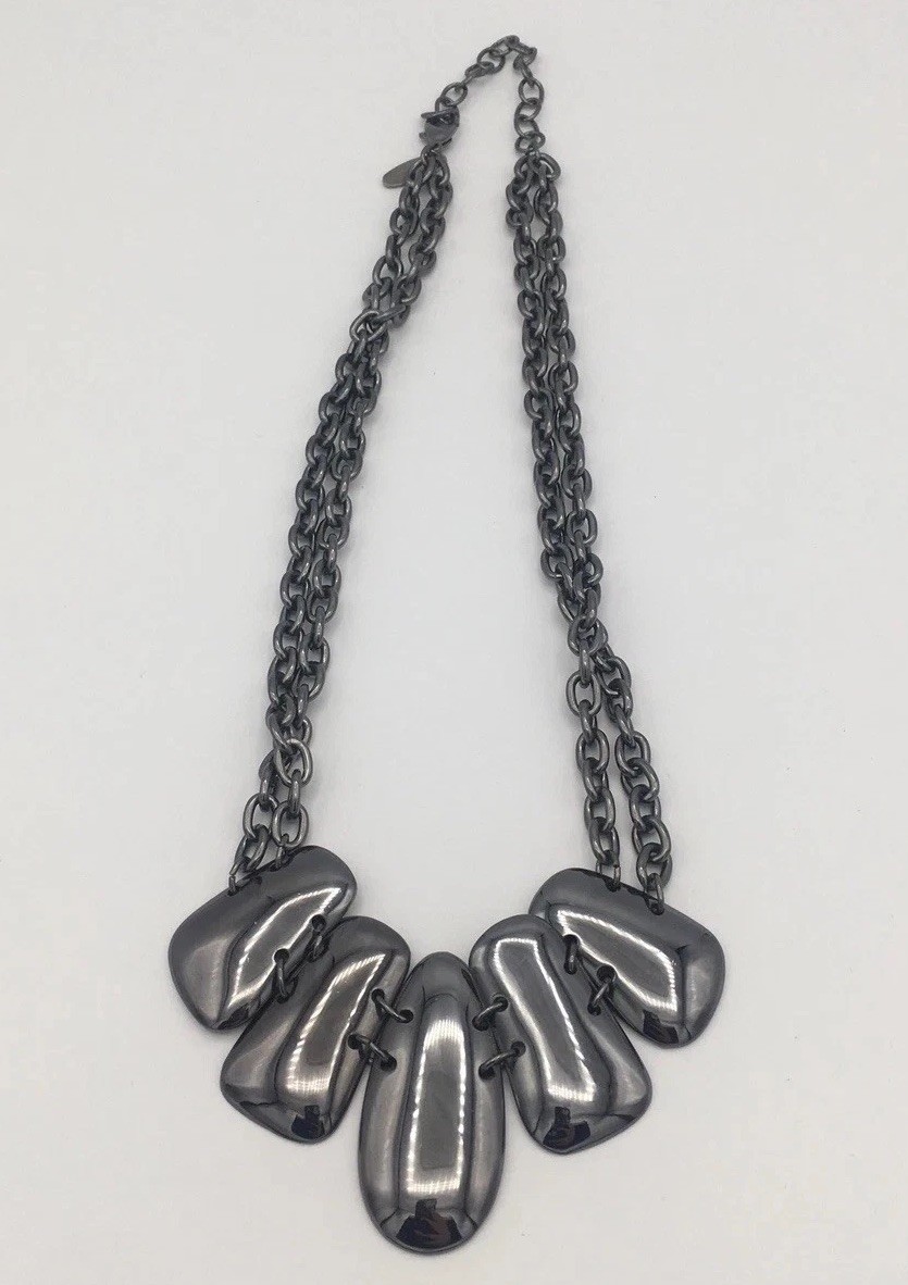 NY Gunmetal Necklace Shiny Charcoal Gray Chain Link Oval Pendants Costume