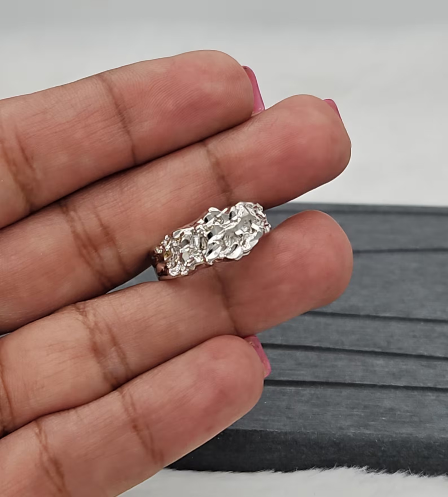 Silver Nugget Ring – Unisex Design, Small Nugget Ring, Rhodium