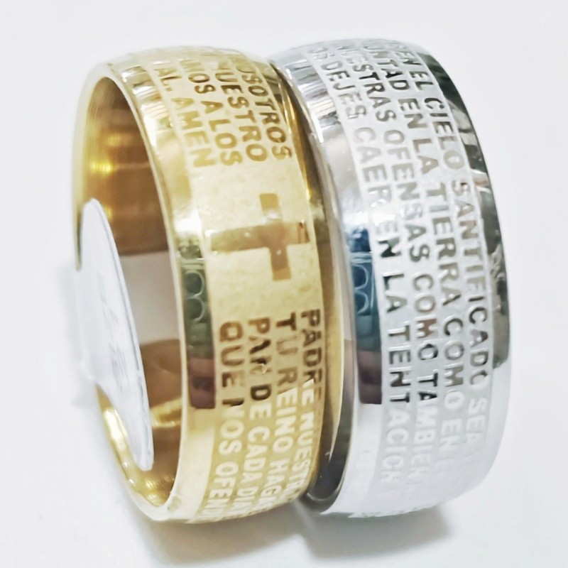 36 Pcs 8mm Spanish Lord’s Prayer Cross Etched Stainless Steel Rings Religious