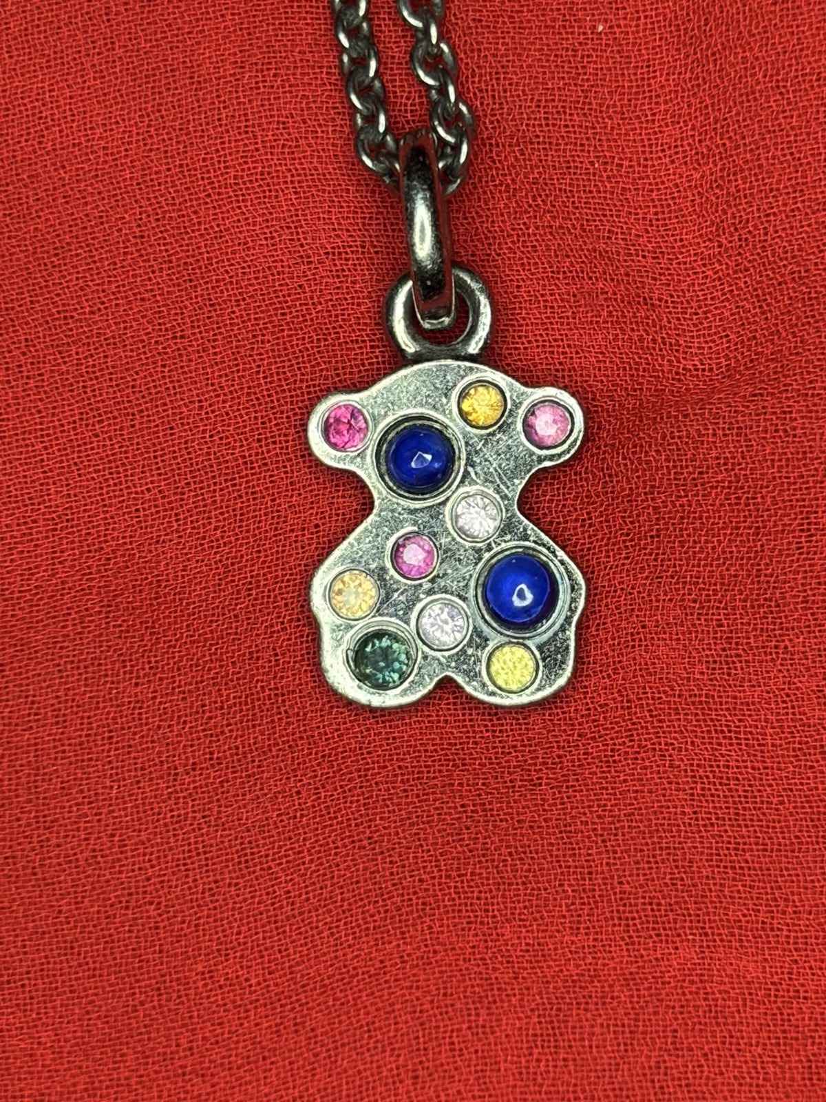Sterling Silver 925 Tous Teddy Bear Pendant Multi Colored Gemstones & Necklace