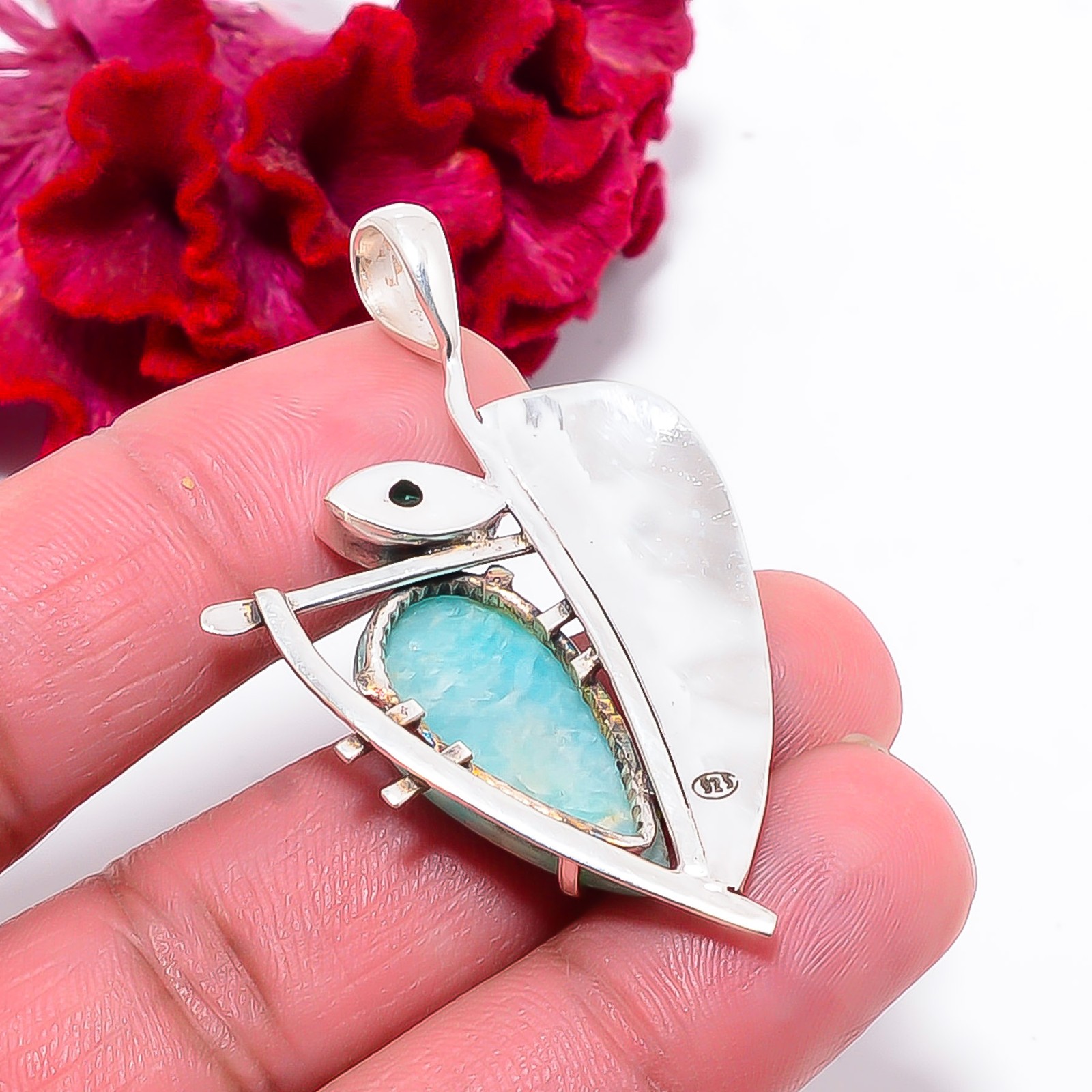 Amazonite – Peru & Teal Tourmaline Gemstone 925 Sterling Silver Pendant 2.03″ P1