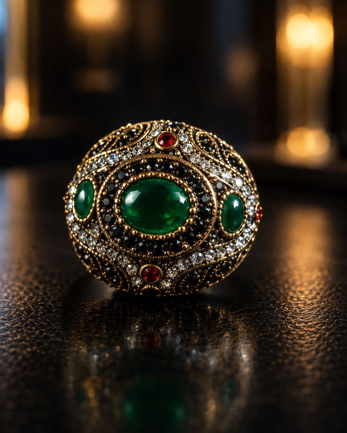 Vintage Gold Tone Emerald Red Black Crystal Statement Ring Size 8 Women’s