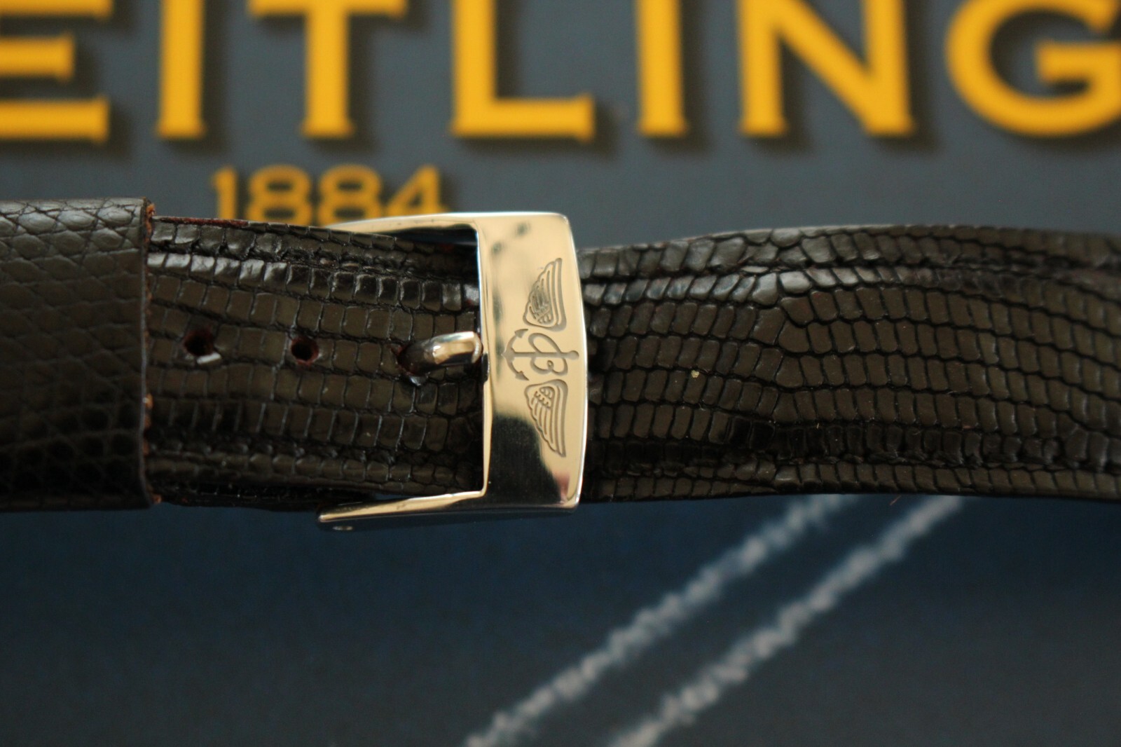 VINTAGE 18MM TONGUE BUCKLE BLACK LIZARD WATCH BAND WATCHBAND STRAP FOR BREITLING