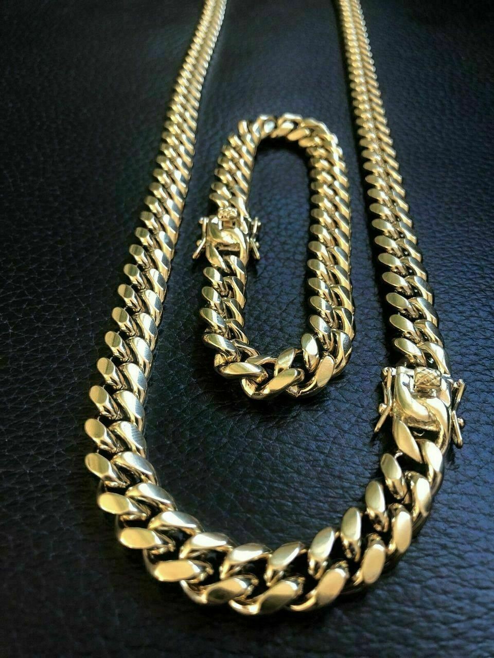Pulsera y Cadena Cubana Para Hombre 10mm Baño De Oro 14k Sobre Acero Inoxidable