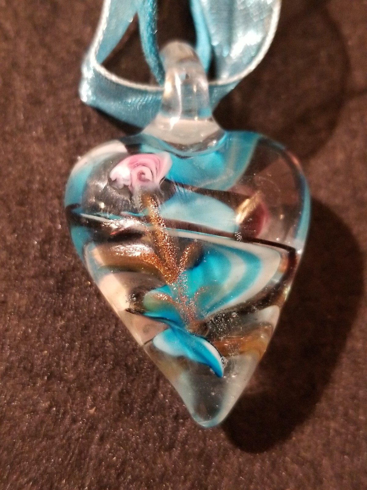 Blown Glass Necklace & Le Chateau Earrings Set Blue Swirl w/ Rose On Ribbon