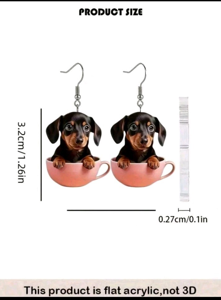 Acrylic Dachshund in Teacup Dangle Drop Earrings Hook No Stone Lightweight