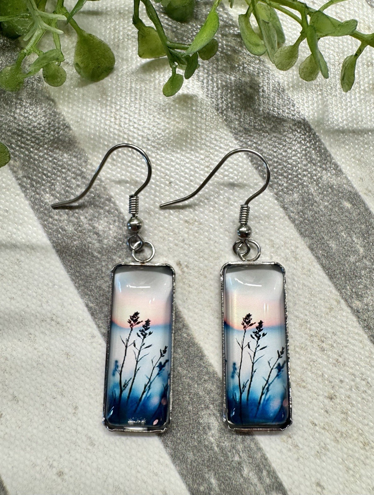 New Beach Seaside Blue Hour Sunset Rectangular Cabochon Dangle Earrings – 1.75”