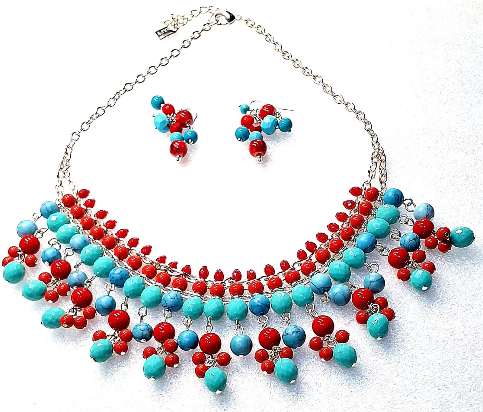 CHAP’S, Ralph Lauren Turquoise Red Silver 10″L Bib Necklace + 1.5″L Earrings Ap4