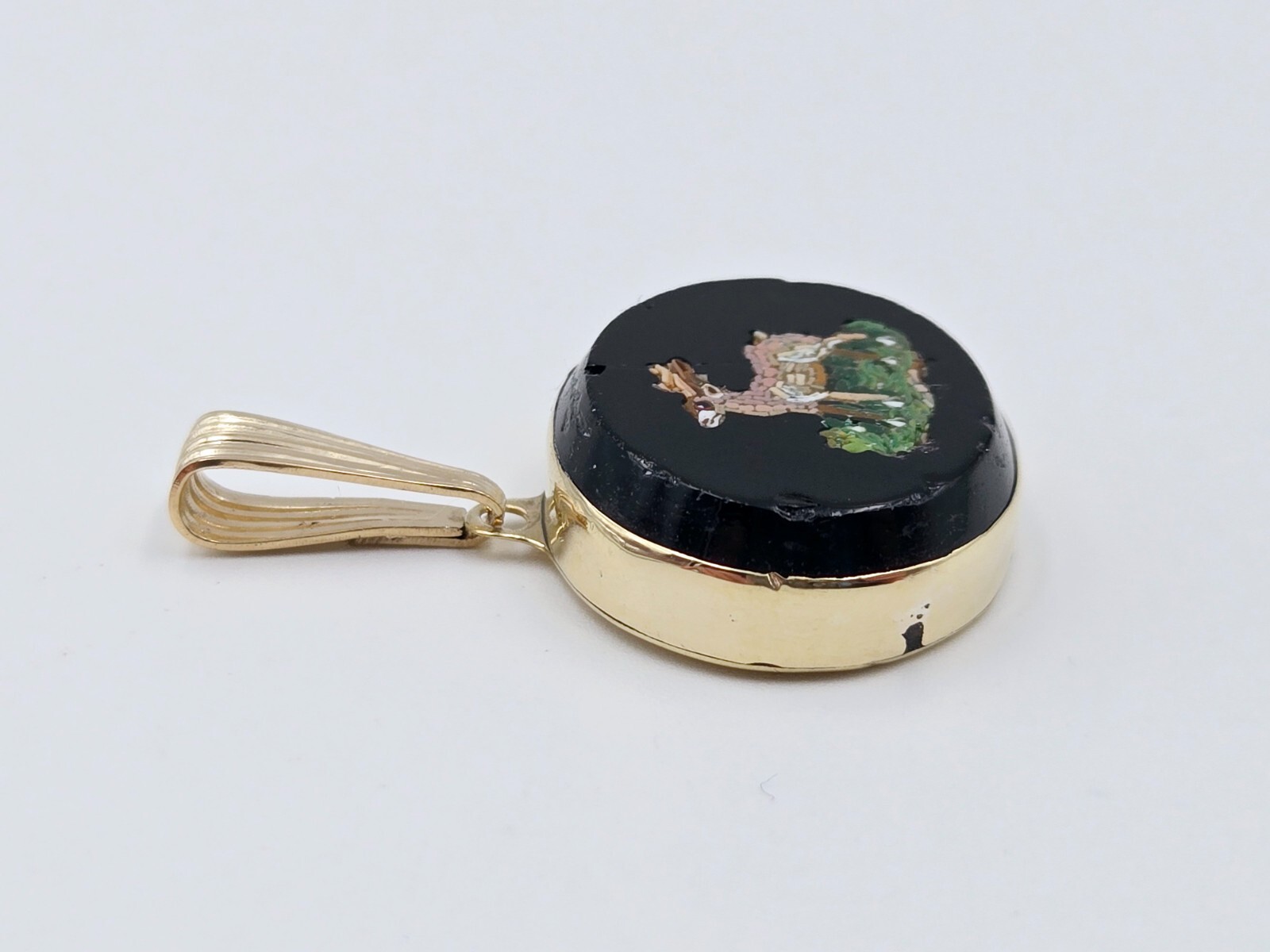 Micro Mosaic Pendant Deer Stag 14K Gold & other metals Italy Grand Tour Necklace
