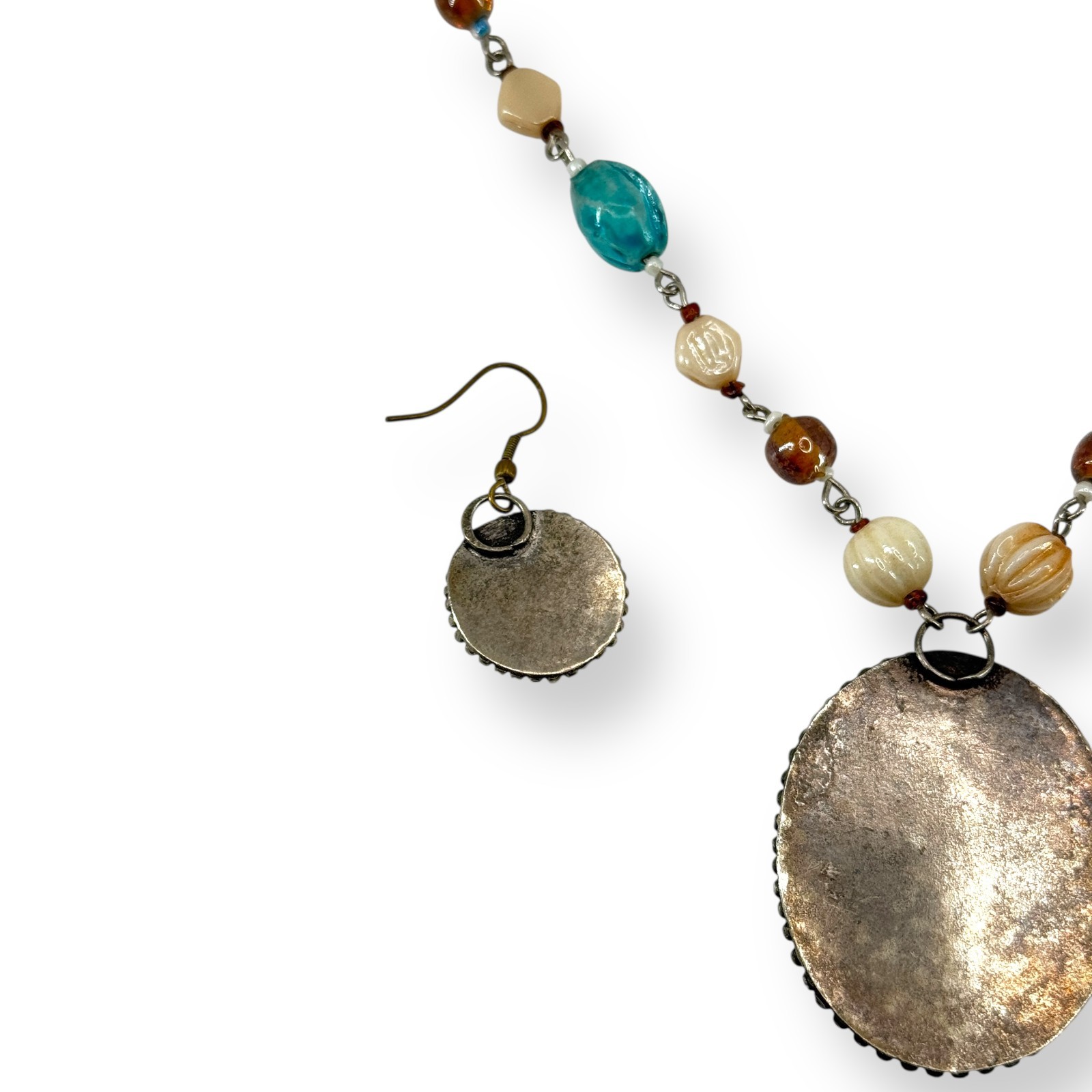 VTG Faux Bone Beaded Gemstone Necklace Earring Set Multicolor Hand Made Pendant