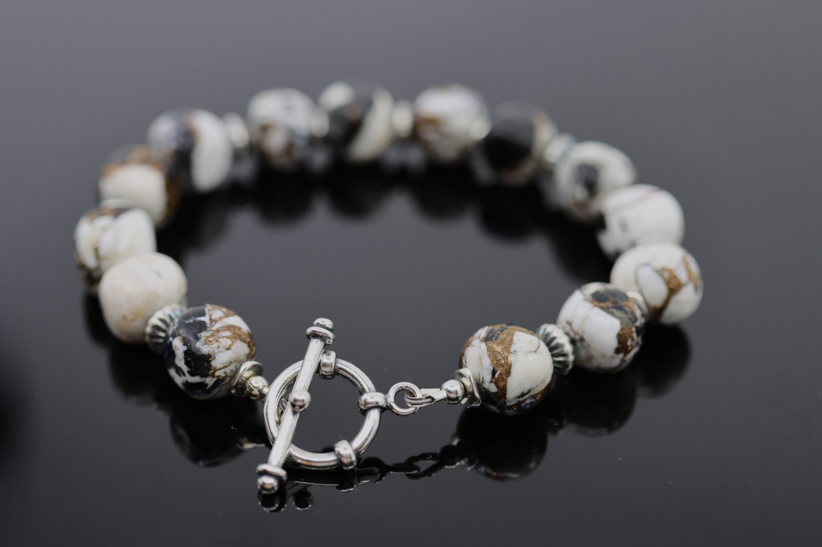 11m Rare White Buffalo Bracelet, Black White Turquoise Beads, Sterling Silver