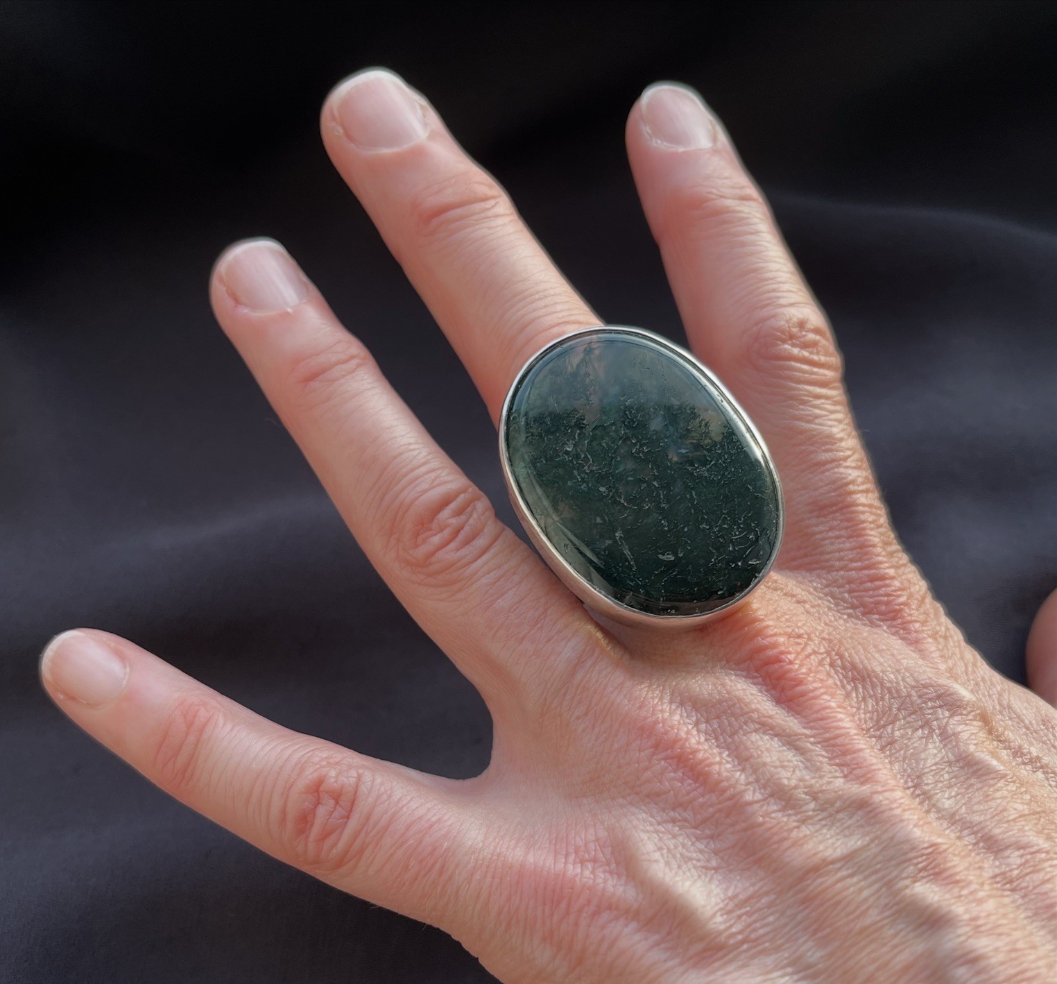 25g Large Modernist Sterling Silver Moss Agate Ring Wally Morgan UK P1/2 Euro 56