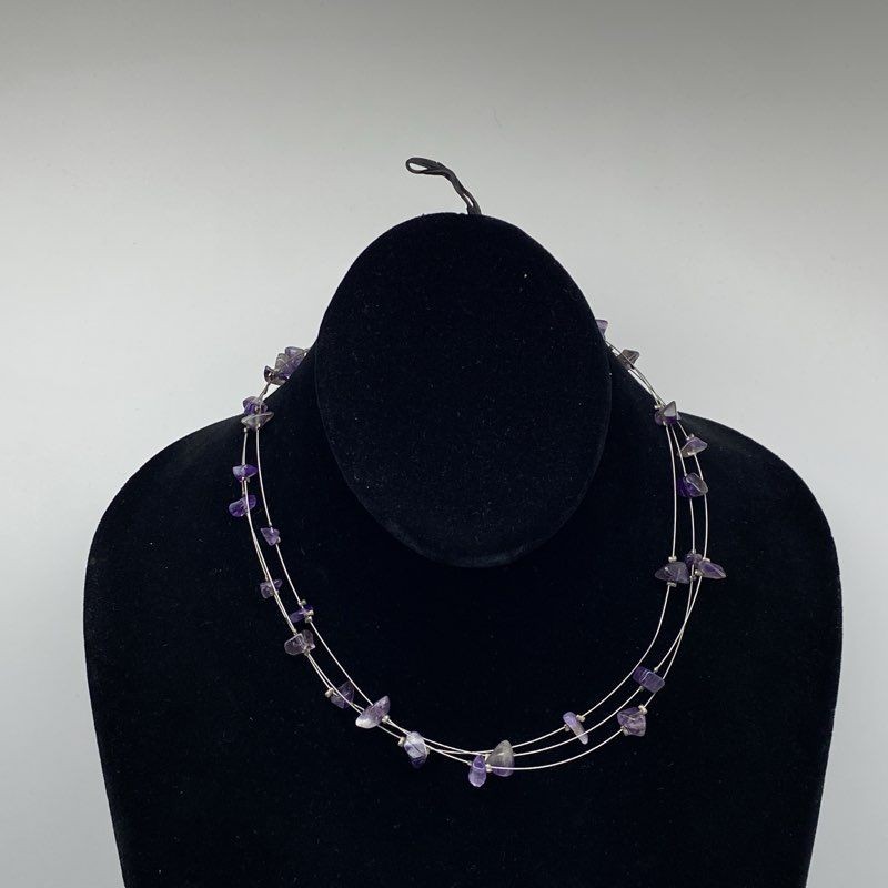 Sterling Silver 925 Amethyst Chip Triple Strand Floating Illusion Necklace 18″
