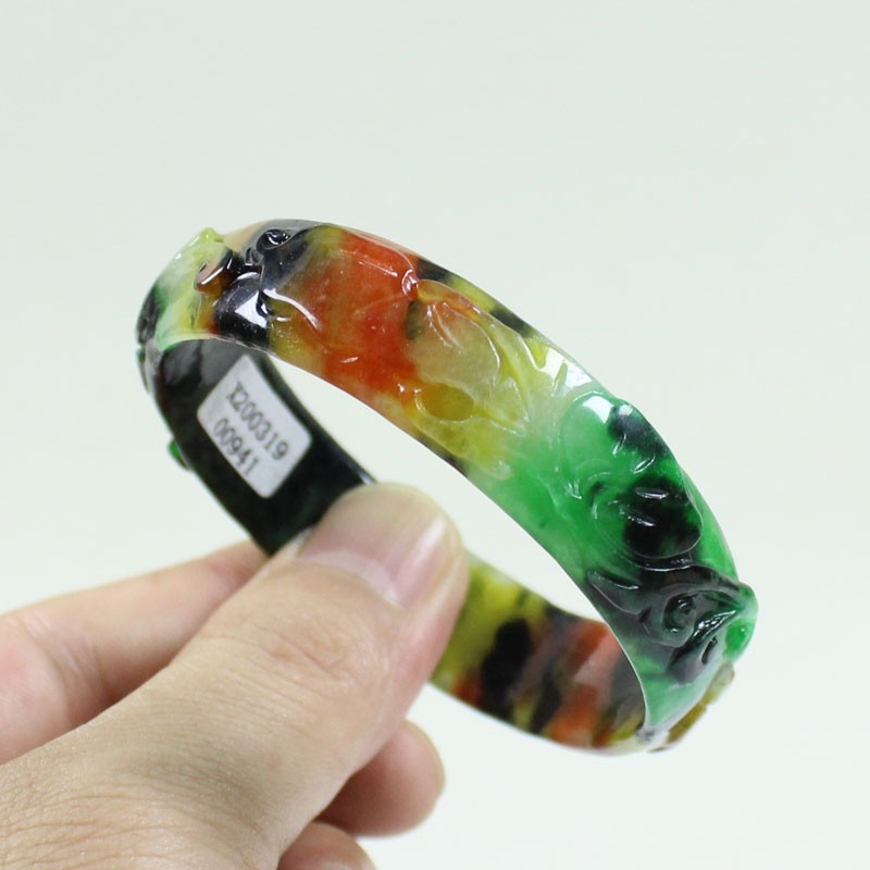 61mm Real Natural Ice Multicolor Burmese Jade jadeite Carving Bracelet Bangle