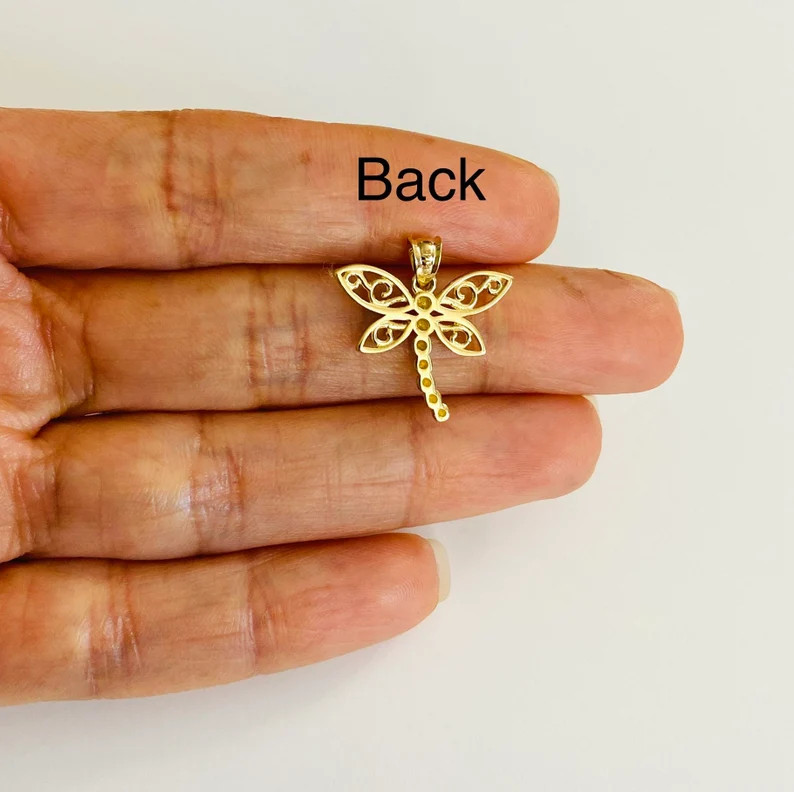 14K Solid Gold Small Dragonfly 20mm / 0.78″ Pendant, 2 Tone Gold Charm – PT2359