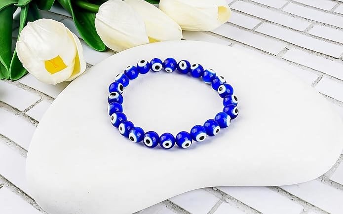 Natural Gemstone 8 mm Bracelet Men & Women Stretchable Crystal Beads Evil Eye