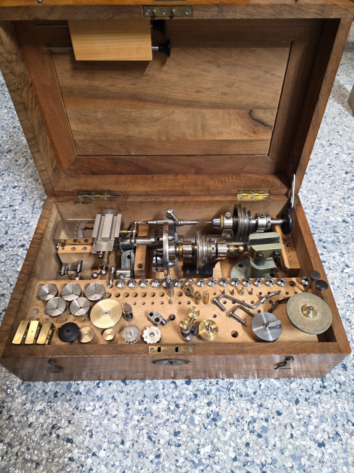 Watchmakers Lorch 8mm Lathe Kit Box Vintage Cross Slide, face plate, original