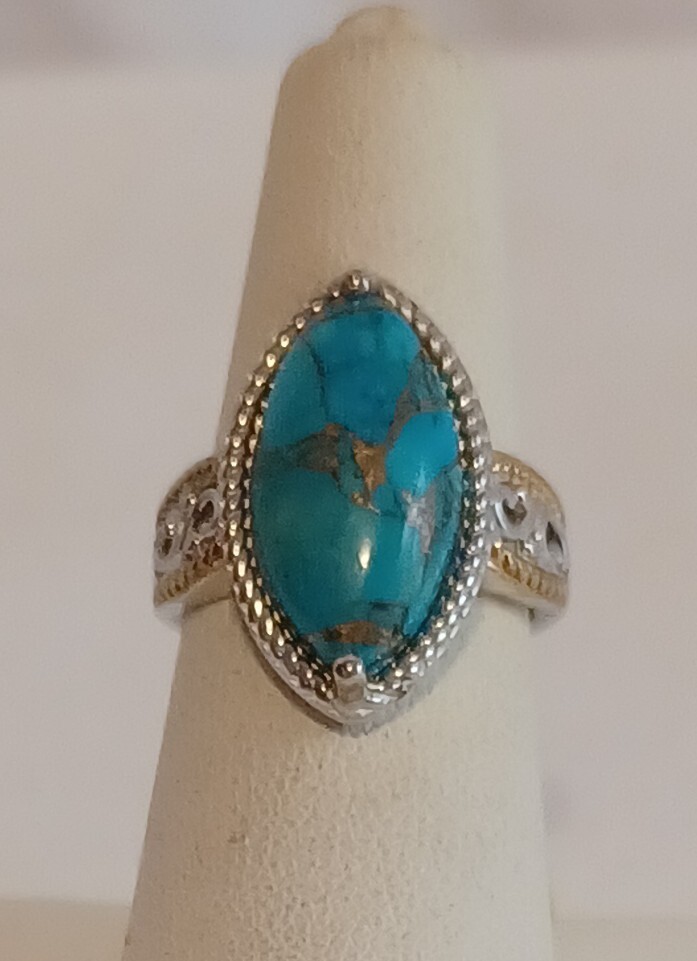 Natural Blue Copper Infused Turquoise Gemstone Women .925 Streling Size 7
