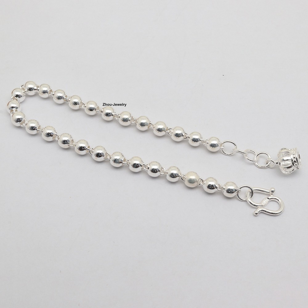 Pure 999 Fine Silver Women Bracelet 5mm Bead Link Bracelet 7.48inch Crown Charm