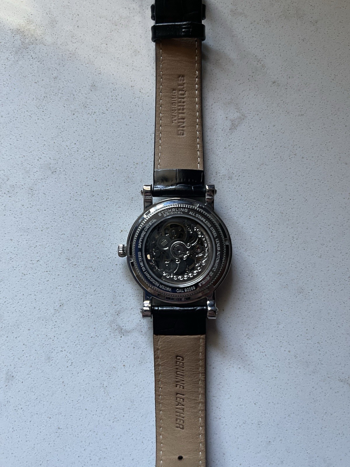 Stuhrling Original 20 Jewels Lexus Automatic Skeleton Black Leather Mens Watch
