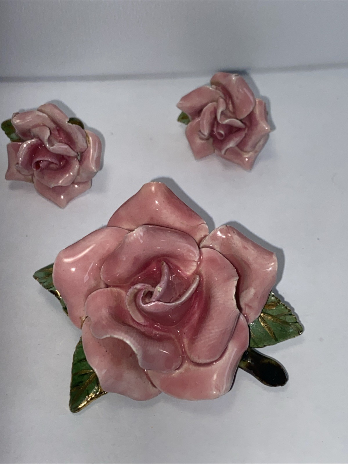 Vintage Ceramic Large Figural Pink Rose Enamel With Matching Earrings Set.