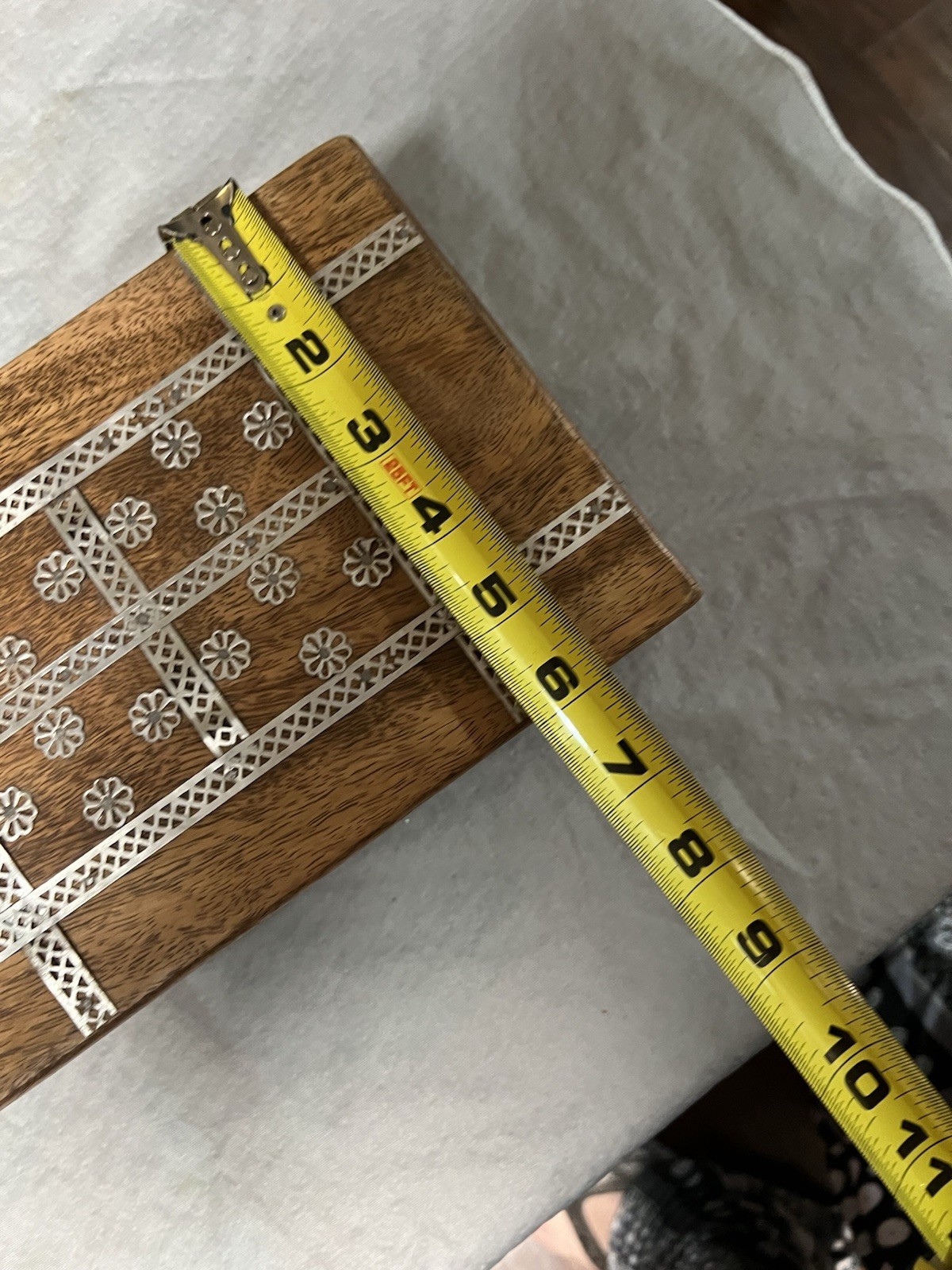 Wooden Floral Inlay Jewelry Box Hinged Lid Brown/Silver Tone 9x6x4 in