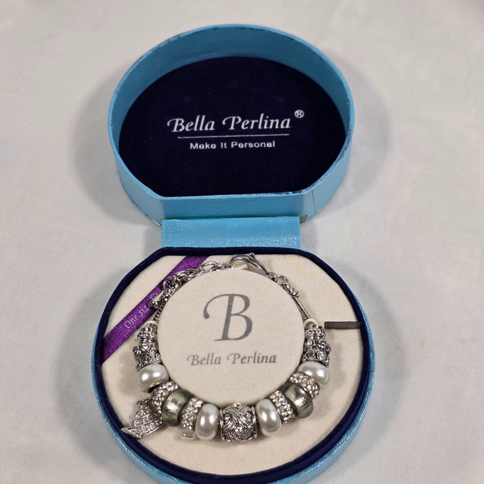 Bella Perlina Silver-Tone Charm Bracelet White Pearl Beads Crystal Accents NEW