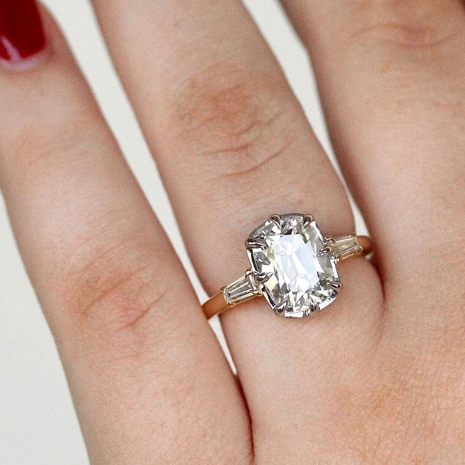 Georgian Elongated Cushion Moissanite Engagement Ring 14K Multi-Tone Gold Plated