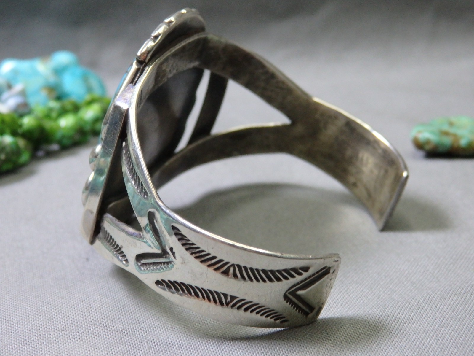 Fred Harvey Era NAVAJO Natural BLUE GEM TURQUOISE Coin Silver 50g CUFF Bracelet