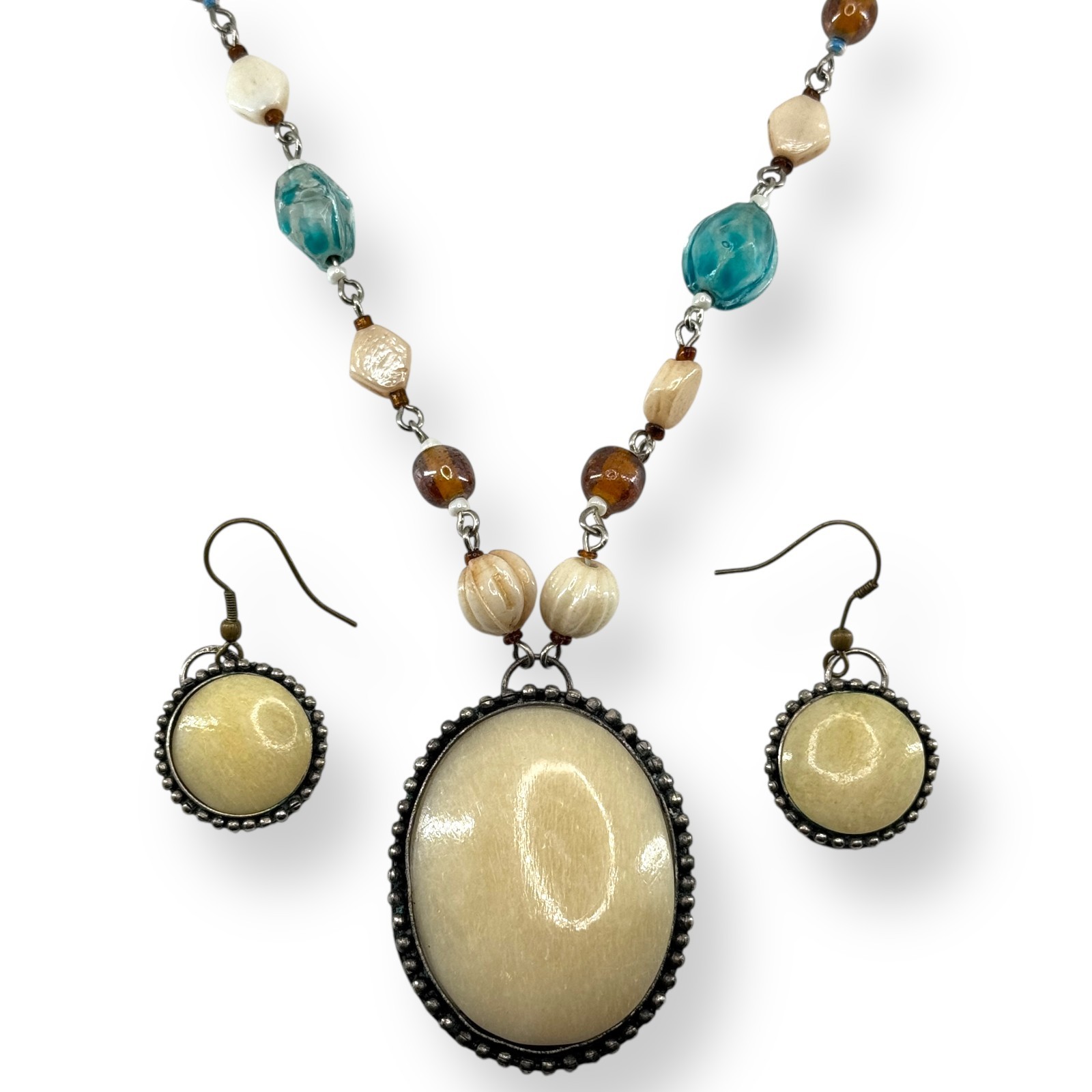 VTG Faux Bone Beaded Gemstone Necklace Earring Set Multicolor Hand Made Pendant