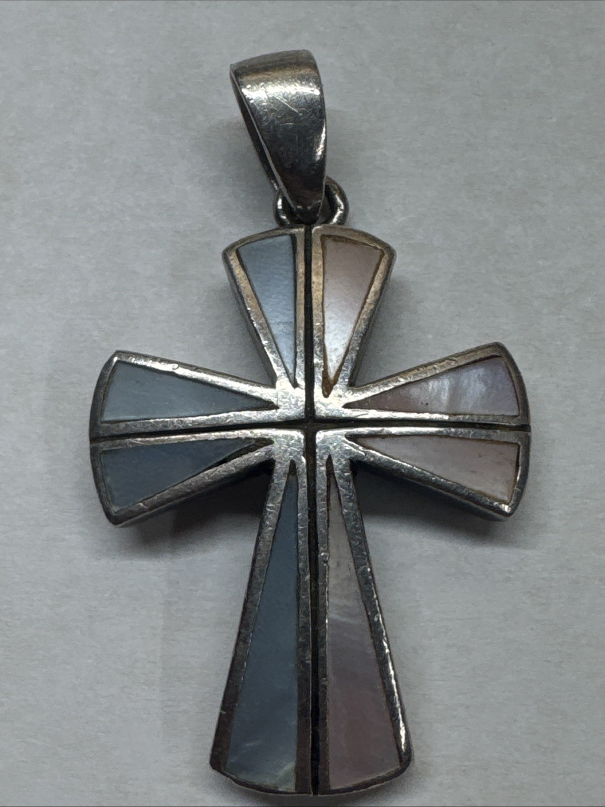 Ankh Genuine Pink and Blue Mother of Pearl Cross 925 Sterling Silver Pendant