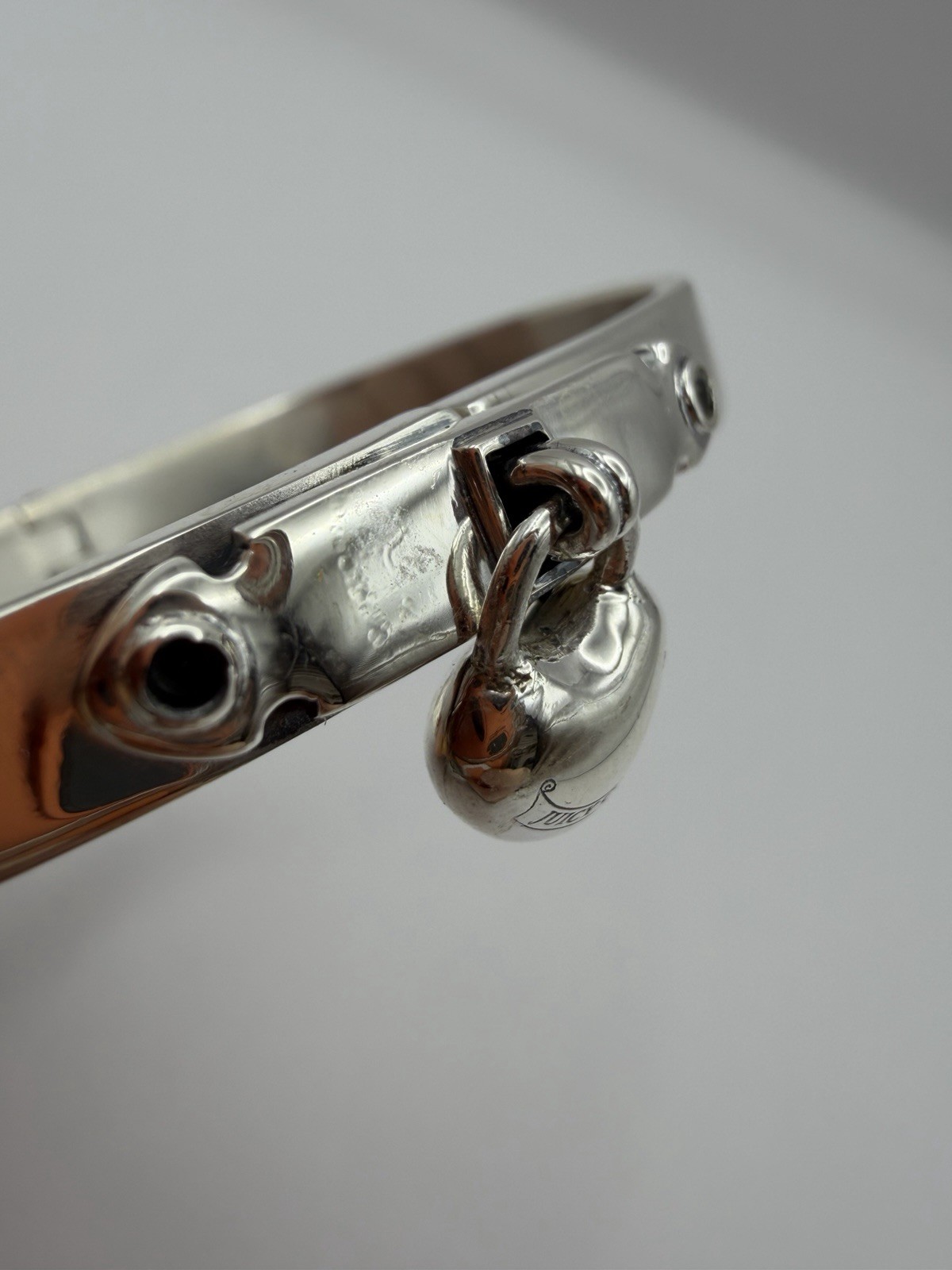 Juicy Couture 925 Sterling Silver Cuff Bracelet “Let Them Eat Couture” Charm