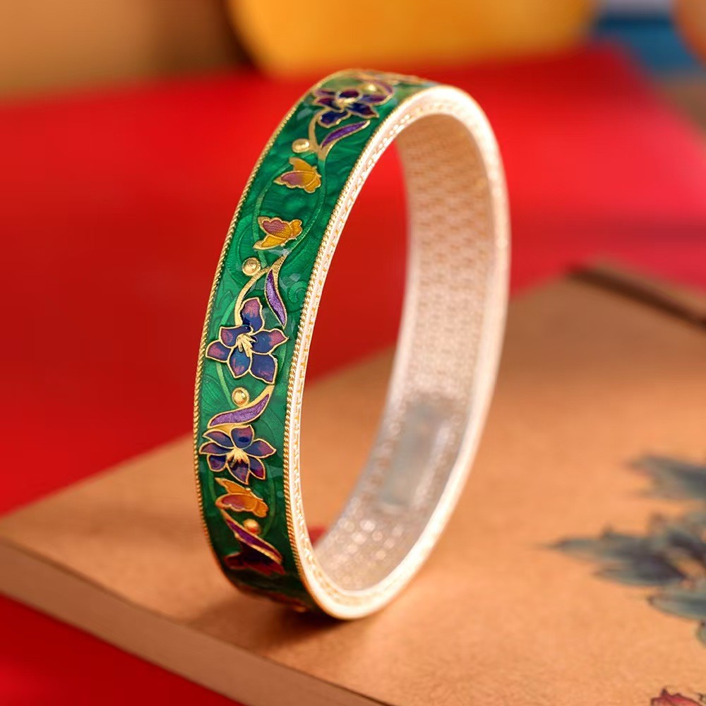 Pure S999 Fine Silver Bracelet 12mm Lucky Enamel Flower Bangle 34-35g ID:60mm